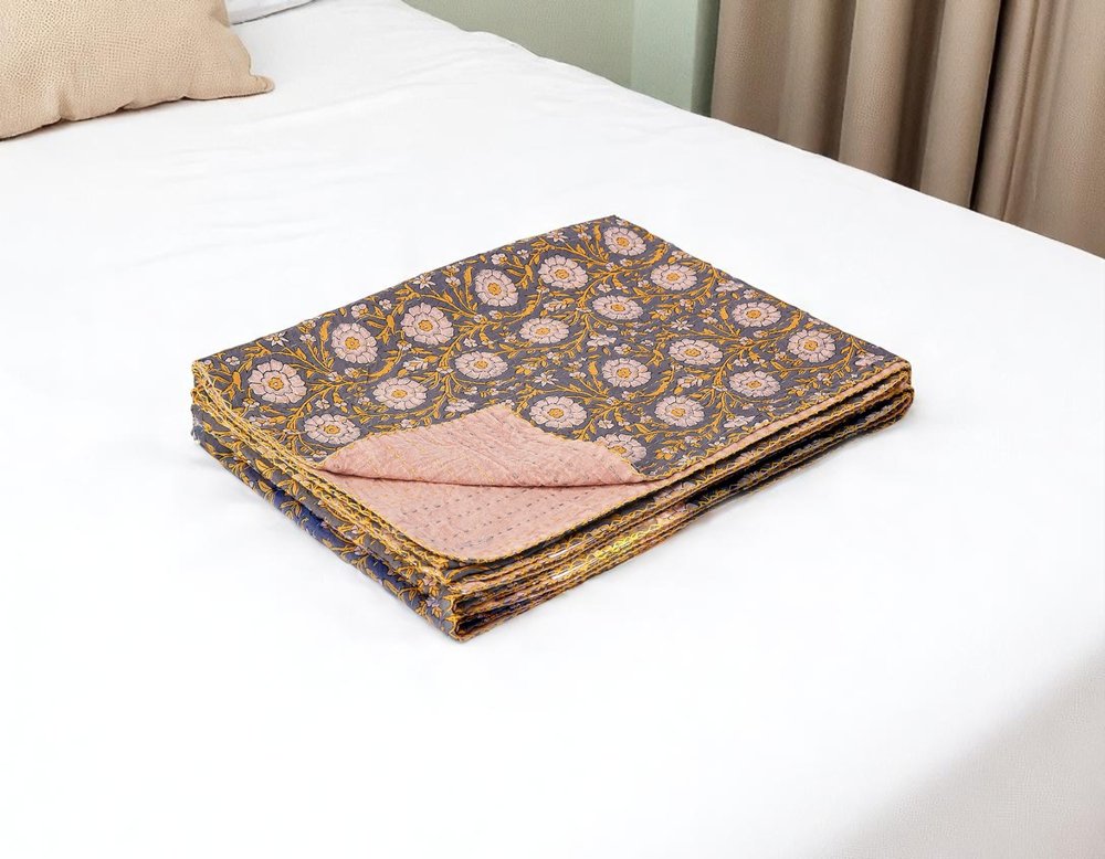 50" X 70" Brown And Red Floral Cotton Quilted Kantha Throw Blanket with Embroidery HomeRoots