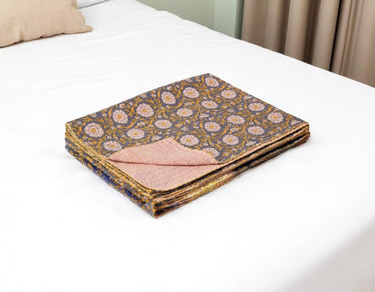 50" X 70" Brown And Red Floral Cotton Quilted Kantha Throw Blanket with Embroidery HomeRoots