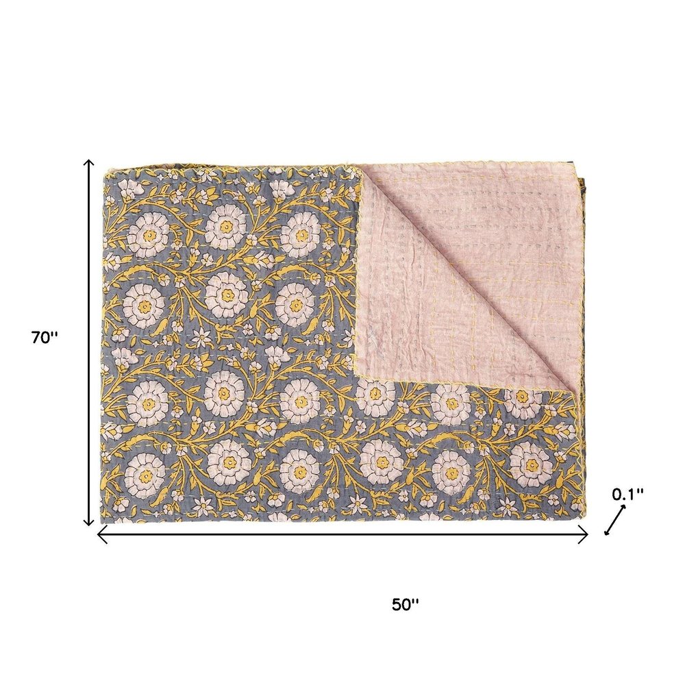 50" X 70" Brown And Red Floral Cotton Quilted Kantha Throw Blanket with Embroidery HomeRoots