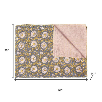 50" X 70" Brown And Red Floral Cotton Quilted Kantha Throw Blanket with Embroidery HomeRoots