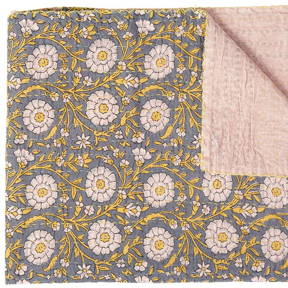 50" X 70" Brown And Red Floral Cotton Quilted Kantha Throw Blanket with Embroidery HomeRoots