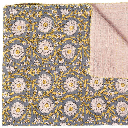 50" X 70" Brown And Red Floral Cotton Quilted Kantha Throw Blanket with Embroidery HomeRoots
