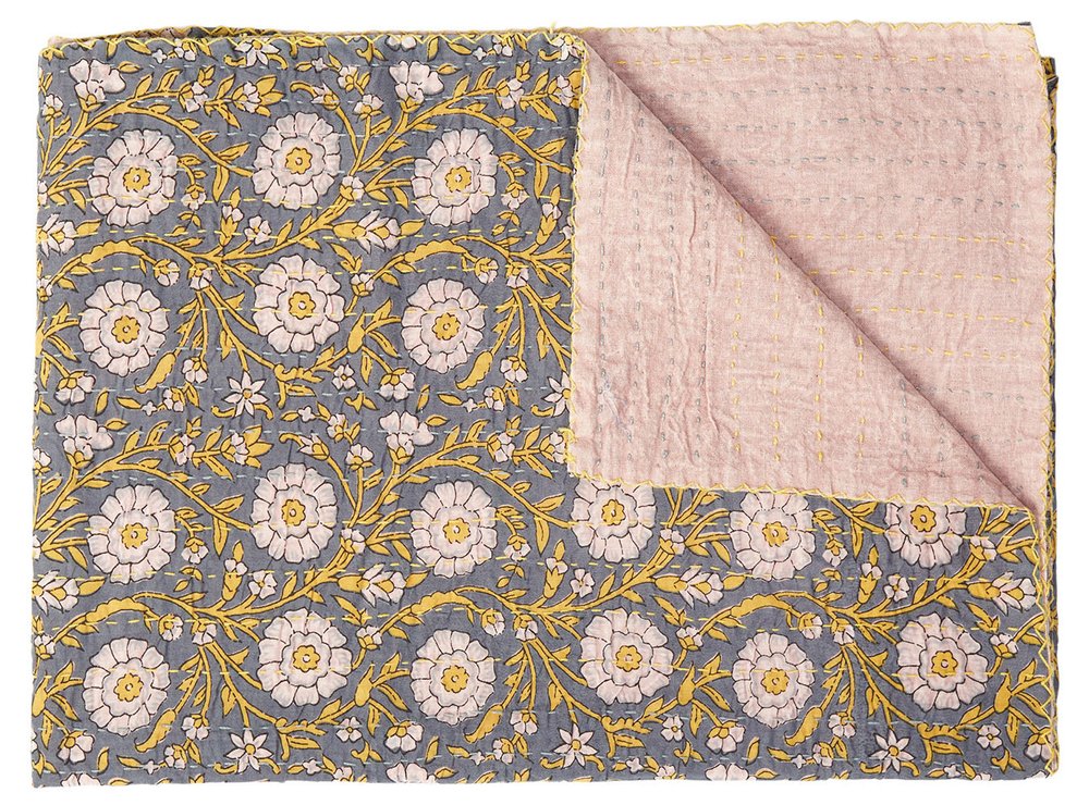 50" X 70" Brown And Red Floral Cotton Quilted Kantha Throw Blanket with Embroidery HomeRoots