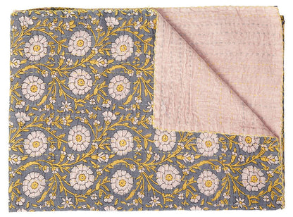 50" X 70" Brown And Red Floral Cotton Quilted Kantha Throw Blanket with Embroidery HomeRoots