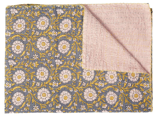 50" X 70" Gray And Yellow Floral Cotton Quilted Kantha Throw Blanket with Embroidery HomeRoots