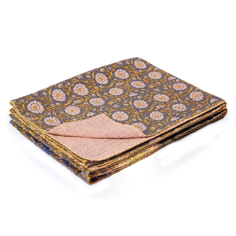 50" X 70" Brown And Red Floral Cotton Quilted Kantha Throw Blanket with Embroidery HomeRoots