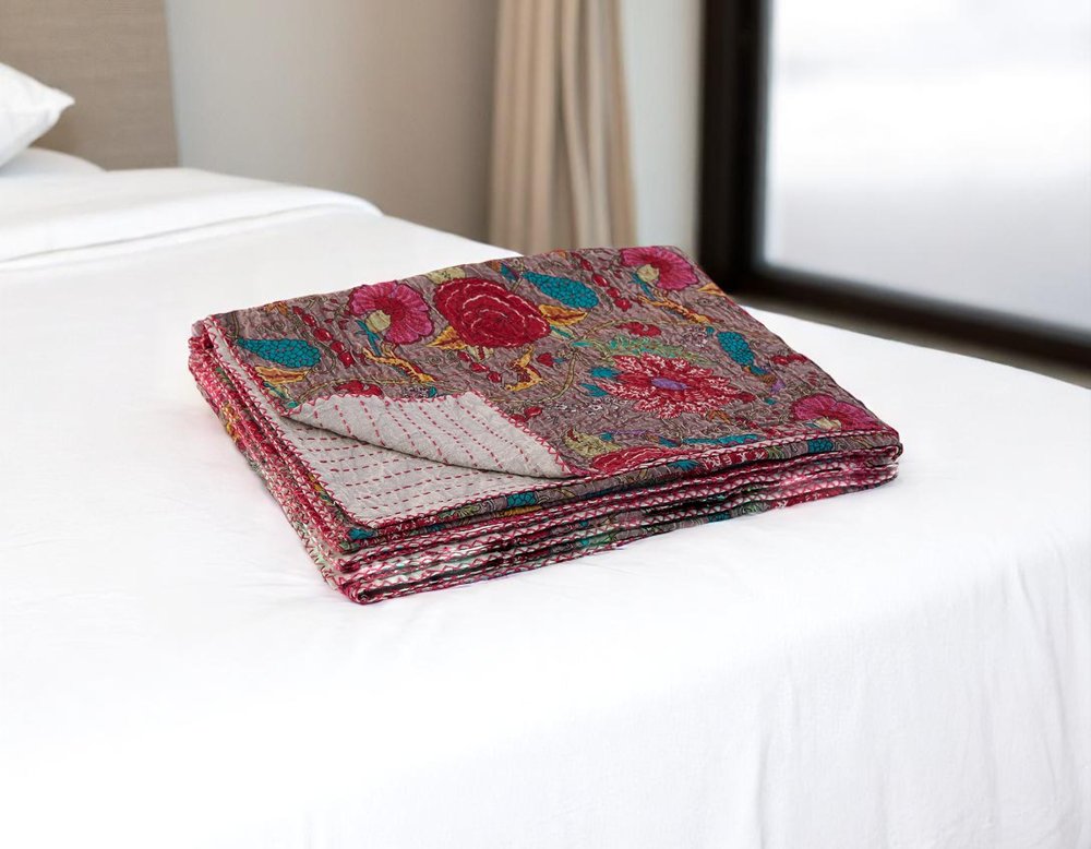 50" X 70" Brown And Red Floral Cotton Quilted Kantha Throw Blanket with Embroidery HomeRoots