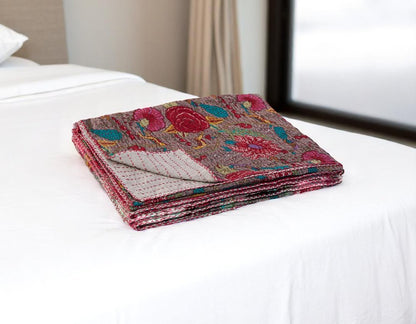 50" X 70" Brown And Red Floral Cotton Quilted Kantha Throw Blanket with Embroidery HomeRoots