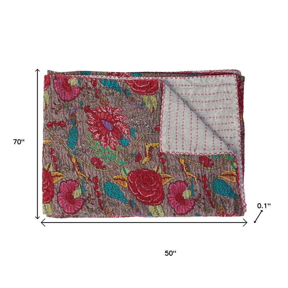 50" X 70" Brown And Red Floral Cotton Quilted Kantha Throw Blanket with Embroidery HomeRoots