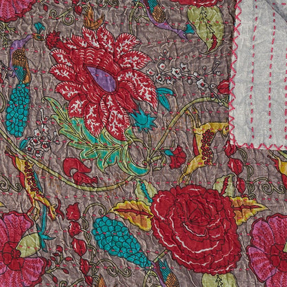 50" X 70" Brown And Red Floral Cotton Quilted Kantha Throw Blanket with Embroidery HomeRoots