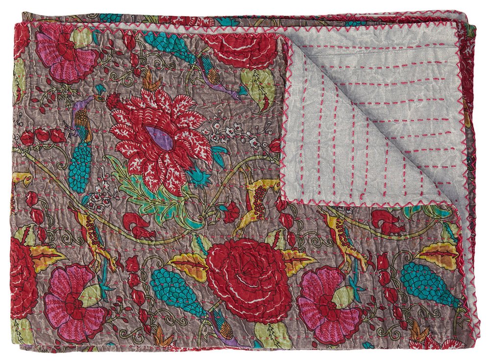 50" X 70" Brown And Red Floral Cotton Quilted Kantha Throw Blanket with Embroidery HomeRoots