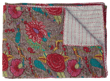 50" X 70" Brown And Red Floral Cotton Quilted Kantha Throw Blanket with Embroidery HomeRoots