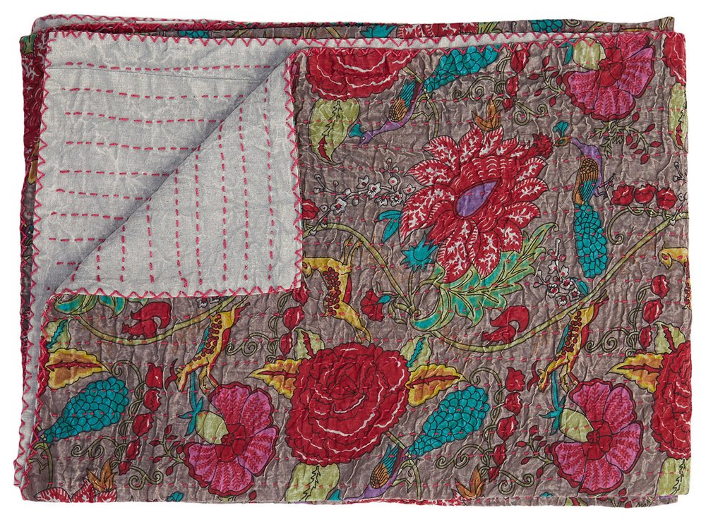 50" X 70" Brown And Red Floral Cotton Quilted Kantha Throw Blanket with Embroidery HomeRoots