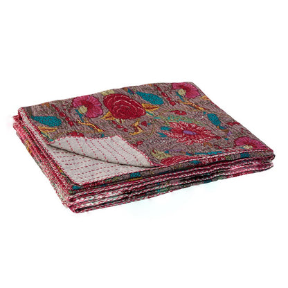 50" X 70" Brown And Red Floral Cotton Quilted Kantha Throw Blanket with Embroidery HomeRoots