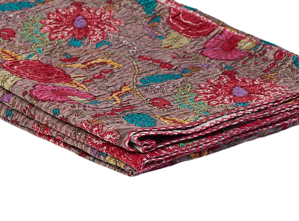50" X 70" Brown And Red Floral Cotton Quilted Kantha Throw Blanket with Embroidery HomeRoots