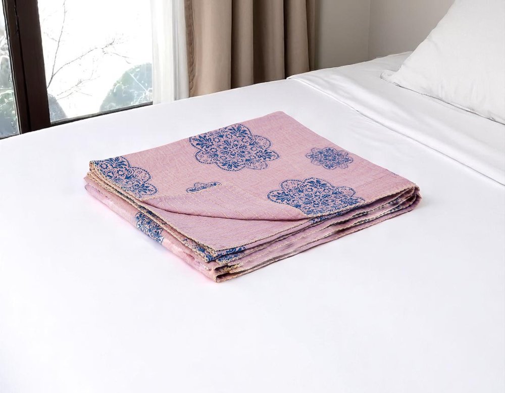 50" X 70" Blue And Pink Floral Cotton Quilted Kantha Throw Blanket with Embroidery HomeRoots