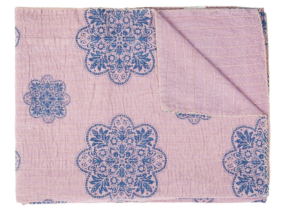 50" X 70" Blue And Pink Floral Cotton Quilted Kantha Throw Blanket with Embroidery HomeRoots