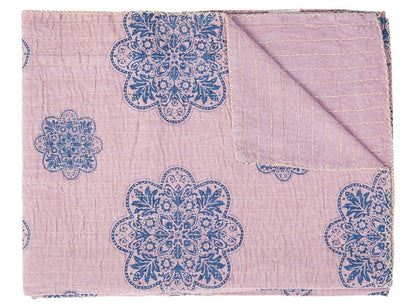 50" X 70" Blue And Pink Floral Cotton Quilted Kantha Throw Blanket with Embroidery HomeRoots