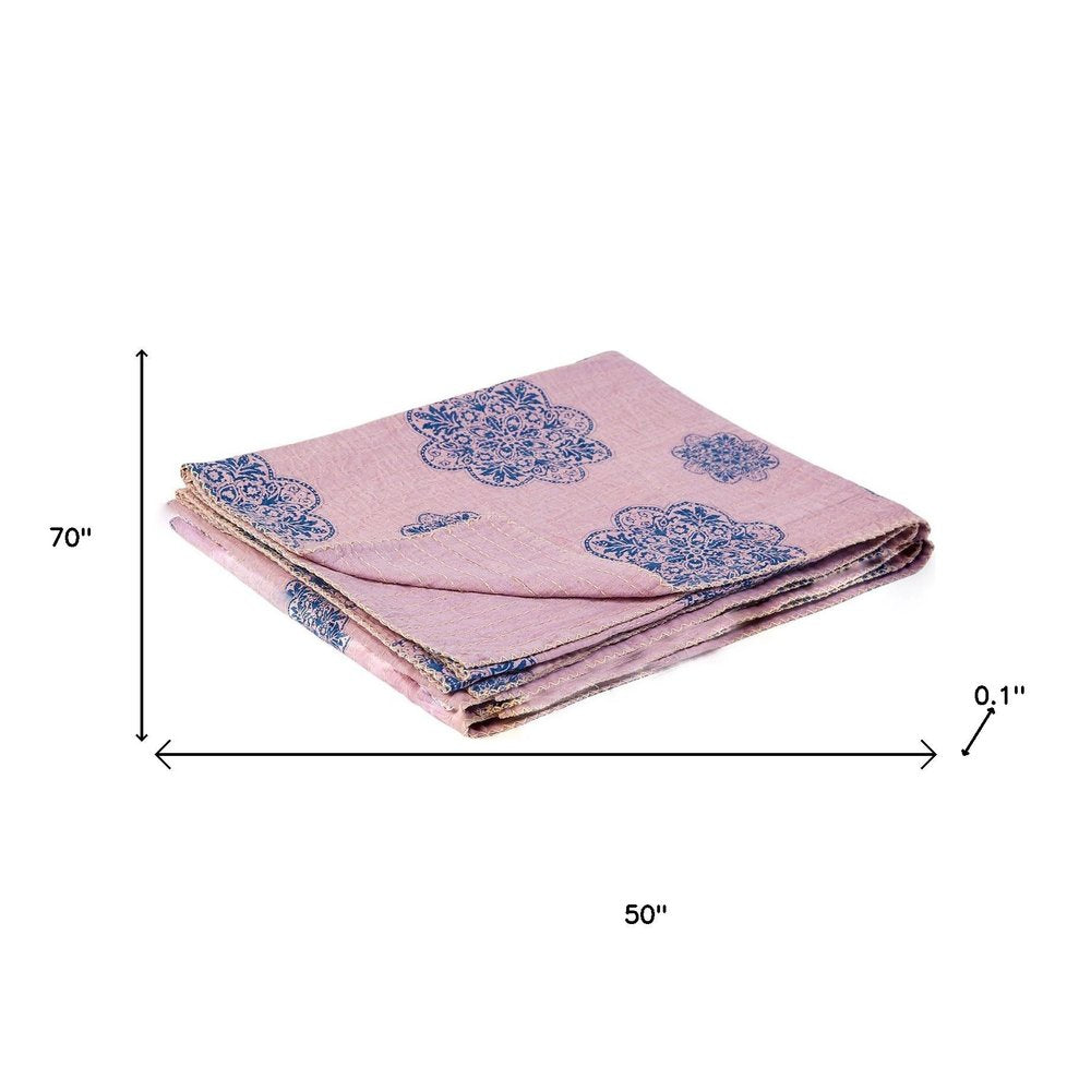 50" X 70" Blue And Pink Floral Cotton Quilted Kantha Throw Blanket with Embroidery HomeRoots