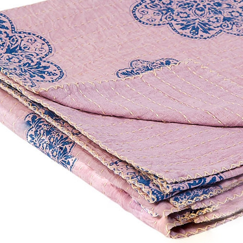 50" X 70" Blue And Pink Floral Cotton Quilted Kantha Throw Blanket with Embroidery HomeRoots