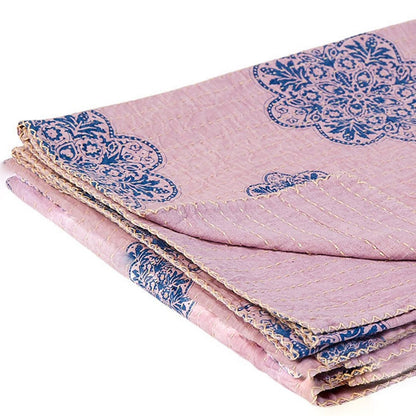 50" X 70" Blue And Pink Floral Cotton Quilted Kantha Throw Blanket with Embroidery HomeRoots