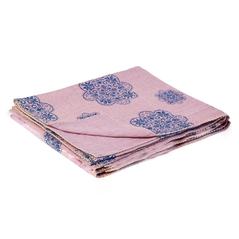 50" X 70" Blue And Pink Floral Cotton Quilted Kantha Throw Blanket with Embroidery HomeRoots