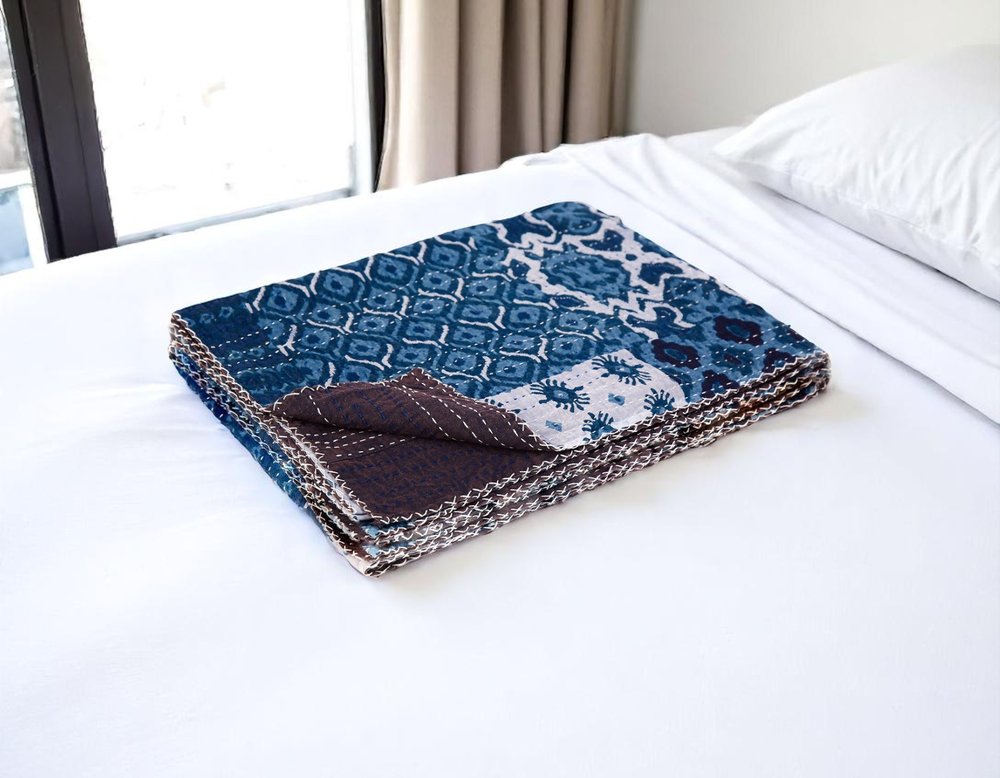 50" X 70" Blue And Pink Floral Cotton Quilted Kantha Throw Blanket with Embroidery HomeRoots