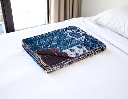 50" X 70" Blue And Pink Floral Cotton Quilted Kantha Throw Blanket with Embroidery HomeRoots