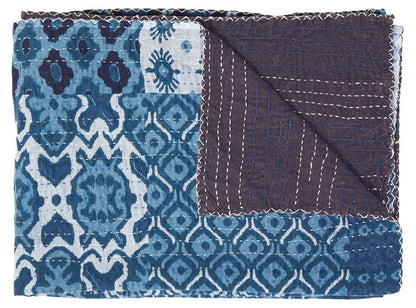 50" X 70" Blue And Pink Floral Cotton Quilted Kantha Throw Blanket with Embroidery HomeRoots