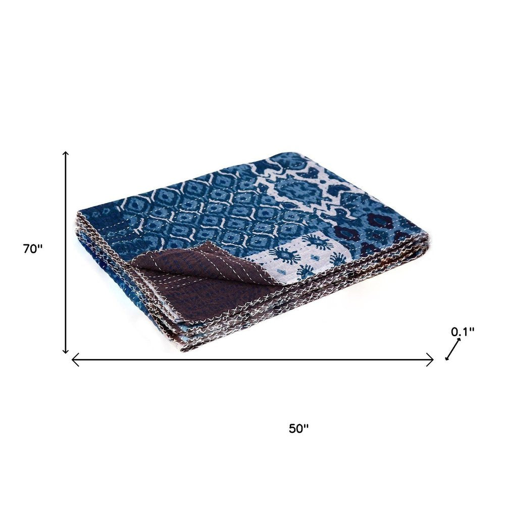 50" X 70" Blue And Pink Floral Cotton Quilted Kantha Throw Blanket with Embroidery HomeRoots