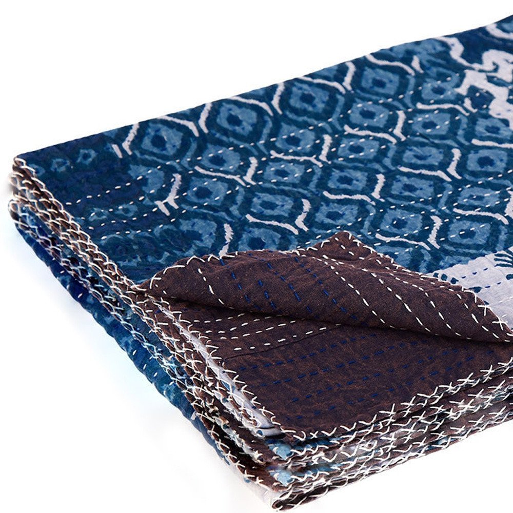 50" X 70" Blue And Pink Floral Cotton Quilted Kantha Throw Blanket with Embroidery HomeRoots