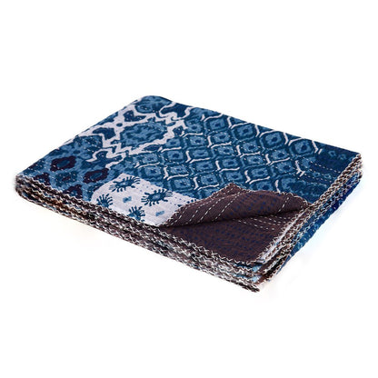 50" X 70" Blue And Pink Floral Cotton Quilted Kantha Throw Blanket with Embroidery HomeRoots