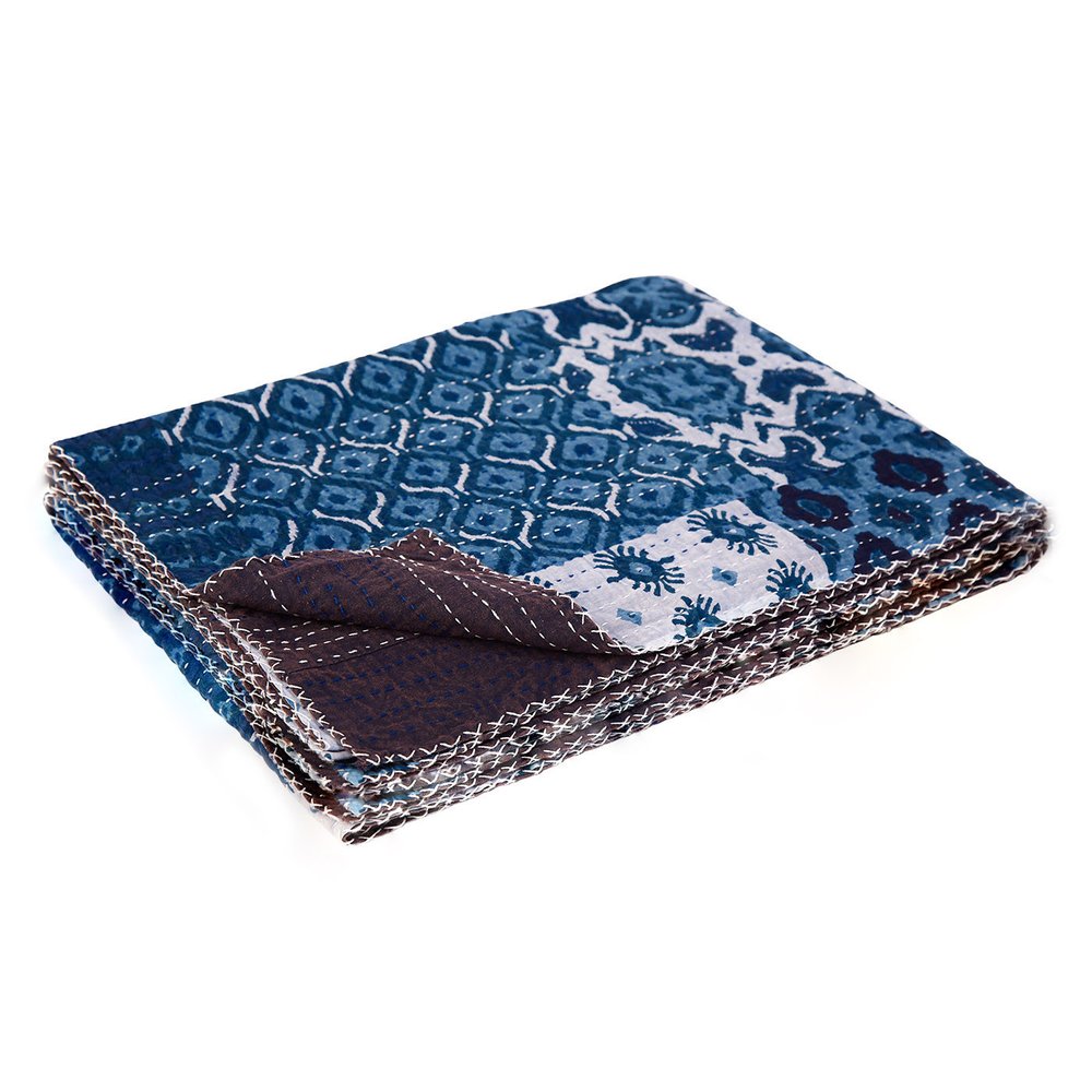 50" X 70" Blue And Pink Floral Cotton Quilted Kantha Throw Blanket with Embroidery HomeRoots