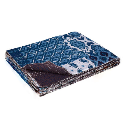 50" X 70" Blue And Pink Floral Cotton Quilted Kantha Throw Blanket with Embroidery HomeRoots