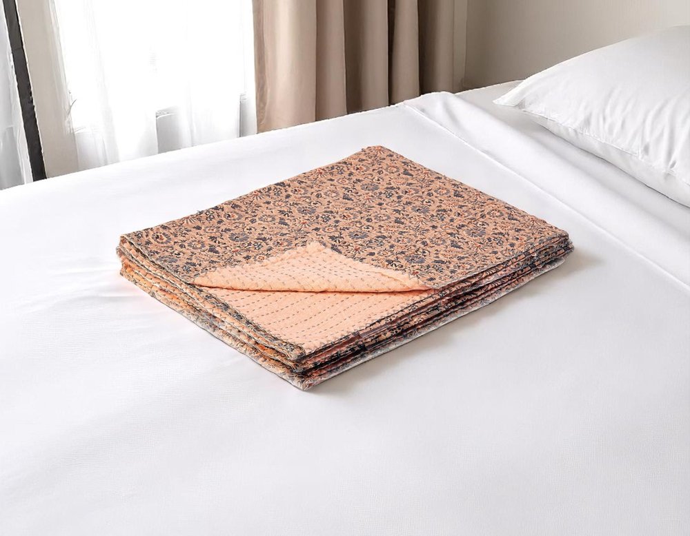 50" X 70" Peach And Gray Floral Cotton Quilted Kantha Throw Blanket with Embroidery HomeRoots