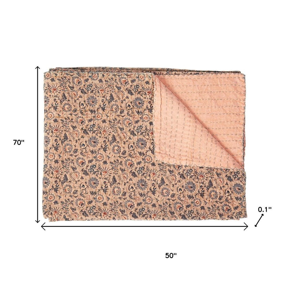 50" X 70" Peach And Gray Floral Cotton Quilted Kantha Throw Blanket with Embroidery HomeRoots