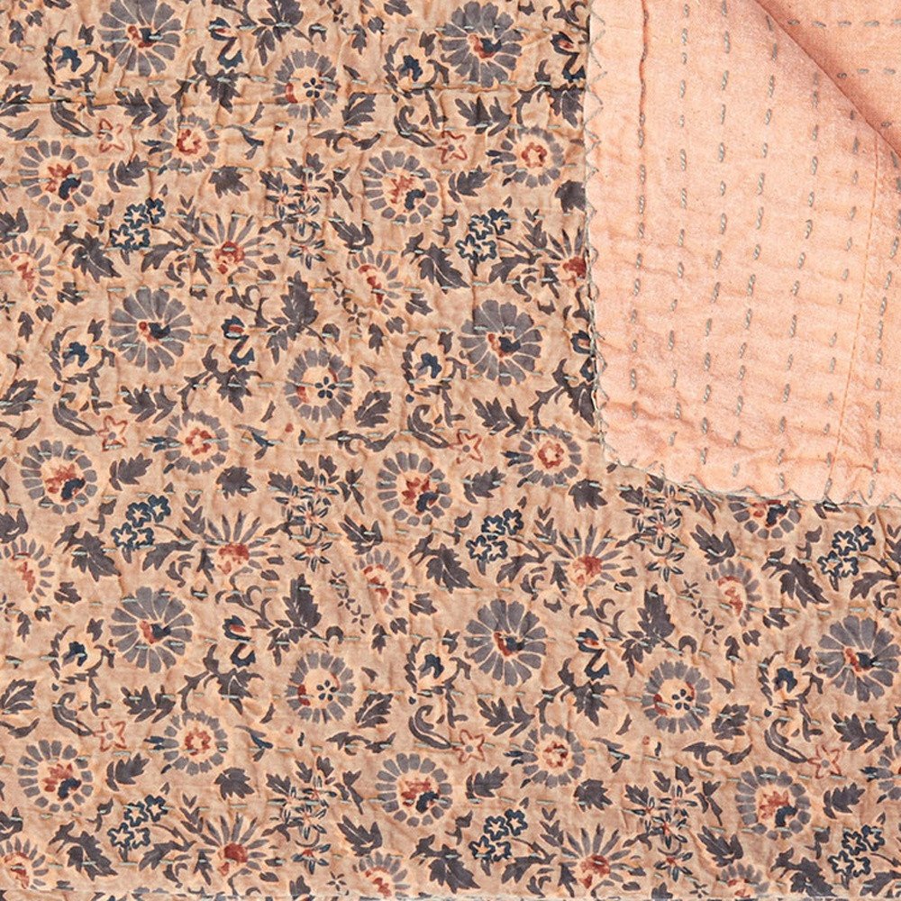 50" X 70" Peach And Gray Floral Cotton Quilted Kantha Throw Blanket with Embroidery HomeRoots