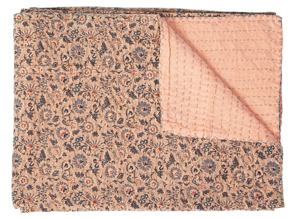 50" X 70" Peach And Gray Floral Cotton Quilted Kantha Throw Blanket with Embroidery HomeRoots