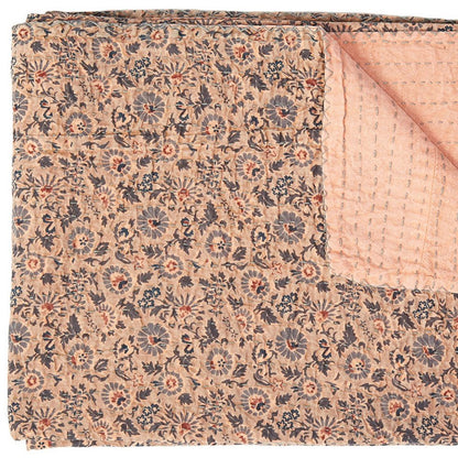 50" X 70" Peach And Gray Floral Cotton Quilted Kantha Throw Blanket with Embroidery HomeRoots