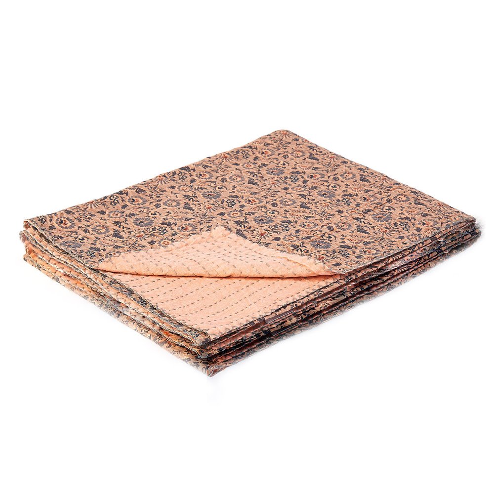 50" X 70" Peach And Gray Floral Cotton Quilted Kantha Throw Blanket with Embroidery HomeRoots