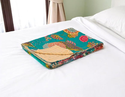 50" X 70" Peach And Gray Floral Cotton Quilted Kantha Throw Blanket with Embroidery HomeRoots