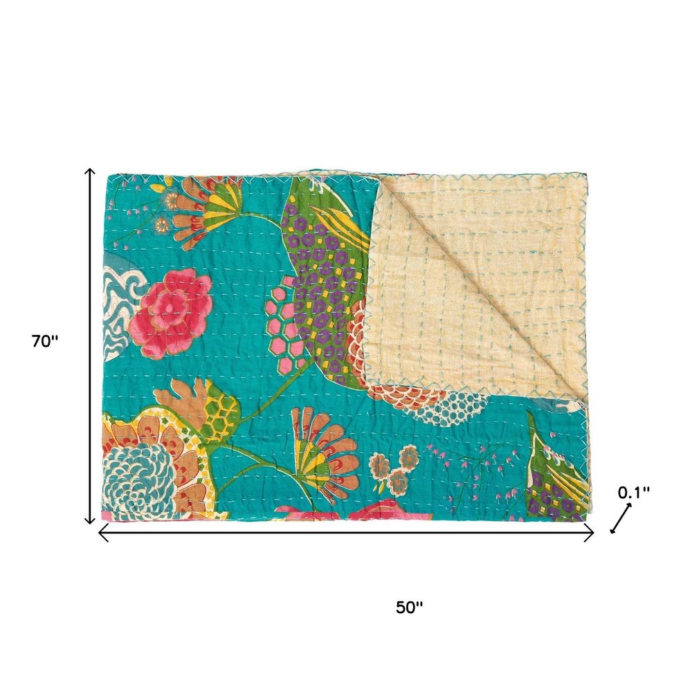 50" X 70" Peach And Gray Floral Cotton Quilted Kantha Throw Blanket with Embroidery HomeRoots