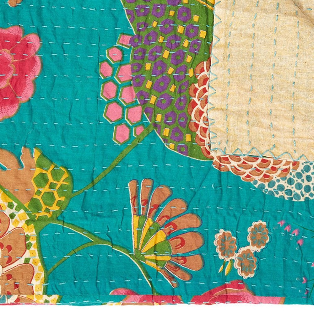 50" X 70" Peach And Gray Floral Cotton Quilted Kantha Throw Blanket with Embroidery HomeRoots