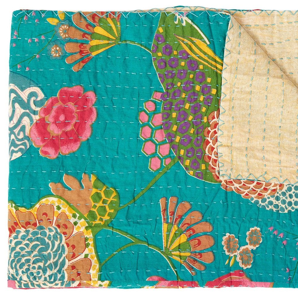 50" X 70" Peach And Gray Floral Cotton Quilted Kantha Throw Blanket with Embroidery HomeRoots
