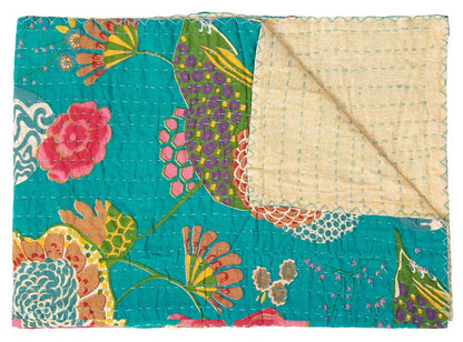 50" X 70" Peach And Gray Floral Cotton Quilted Kantha Throw Blanket with Embroidery HomeRoots