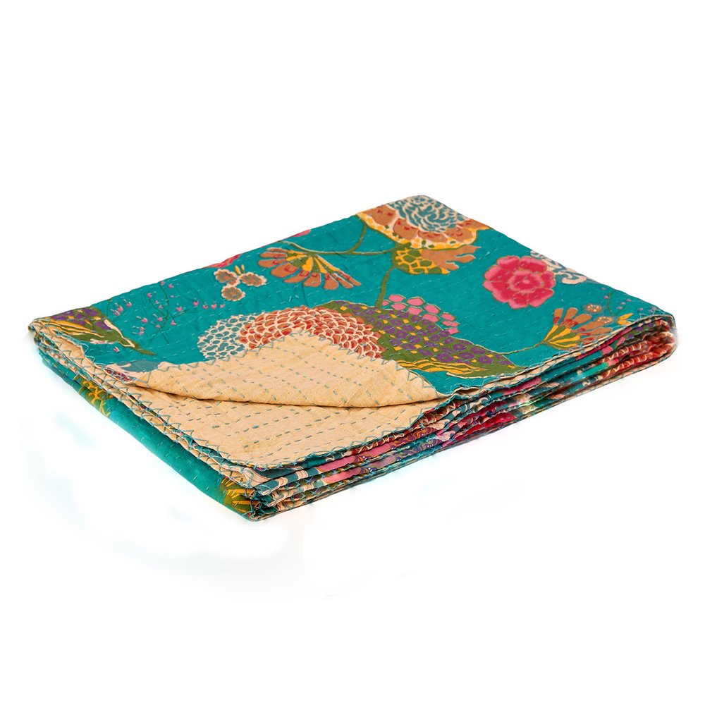 50" X 70" Peach And Gray Floral Cotton Quilted Kantha Throw Blanket with Embroidery HomeRoots