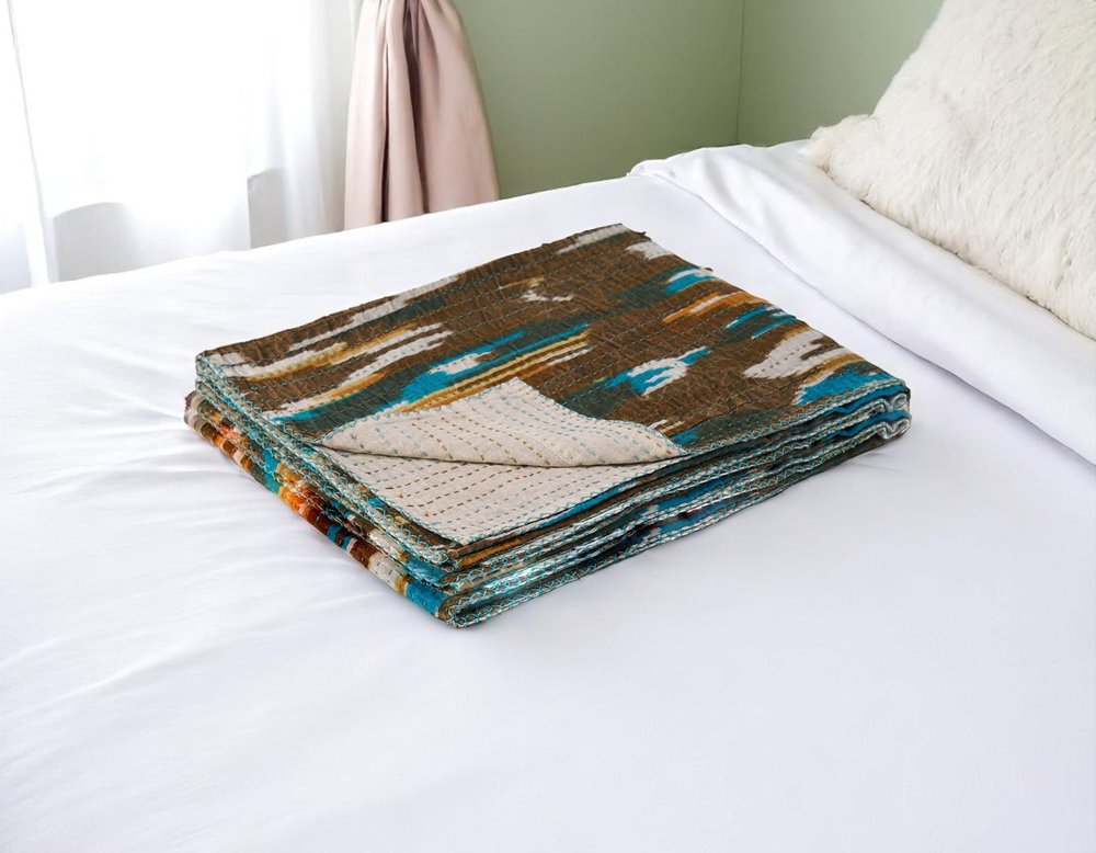50" X 70" Brown And Blue Ikat Cotton Quilted Kantha Throw Blanket with Embroidery HomeRoots