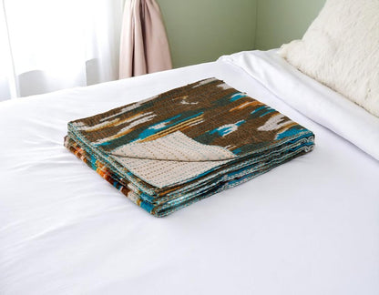50" X 70" Brown And Blue Ikat Cotton Quilted Kantha Throw Blanket with Embroidery HomeRoots
