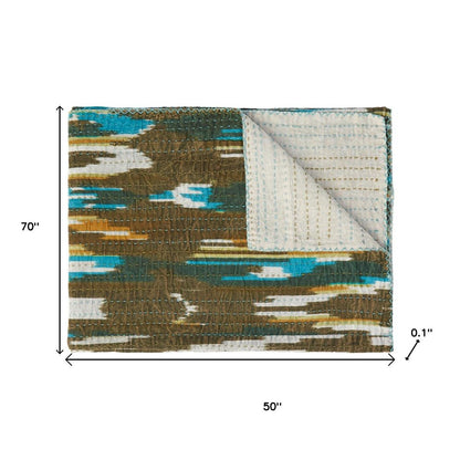50" X 70" Brown And Blue Ikat Cotton Quilted Kantha Throw Blanket with Embroidery HomeRoots