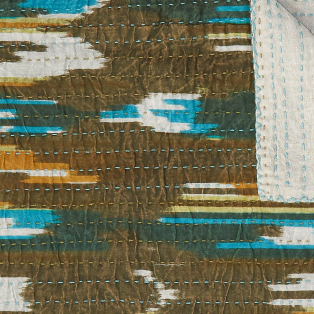 50" X 70" Brown And Blue Ikat Cotton Quilted Kantha Throw Blanket with Embroidery HomeRoots